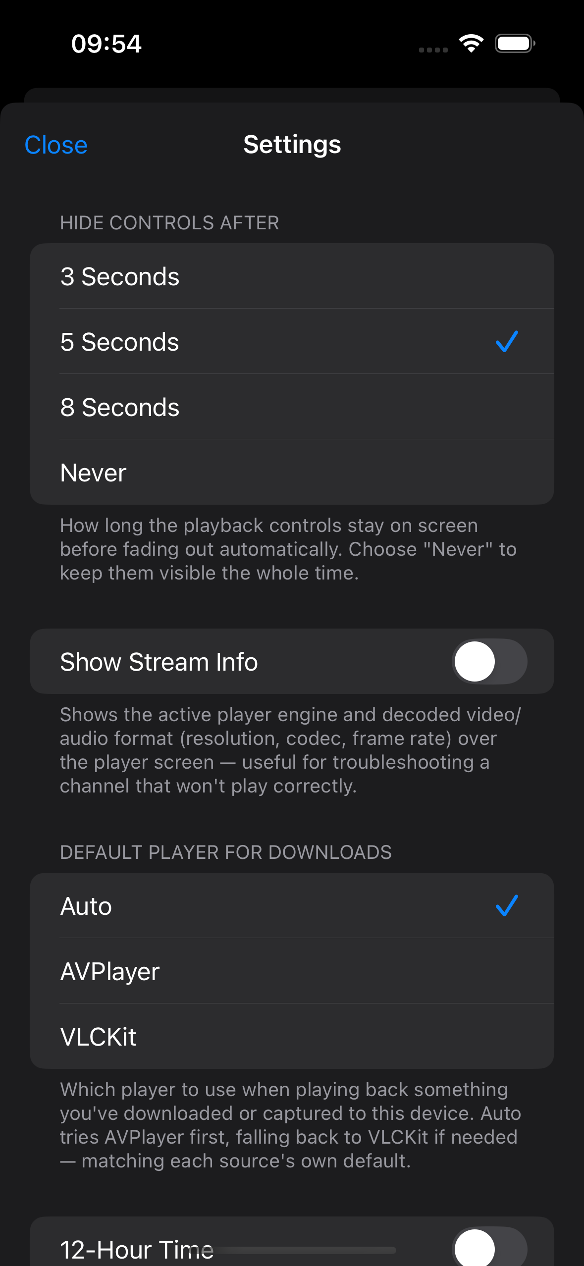 The top of the Settings screen, showing Hide Controls After, Show Stream Info, Default Player for Downloads, and 12-Hour Time.
